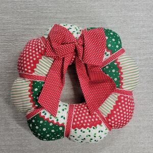 VTG Patchwork Fabric Christmas Wreath 19" Red Green Stuffed Polka Dots Bow
